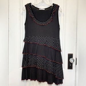 Carla D’ Angeli Black and White Polkadot Ruffled Dress with Red Accents - Size M